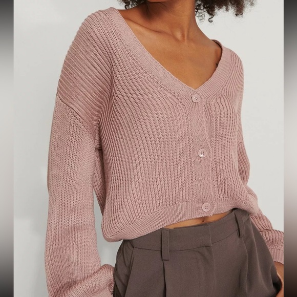 NA-KD V-Neck Balloon Sleeve Dusty Pink Cardigan - Picture 8 of 8